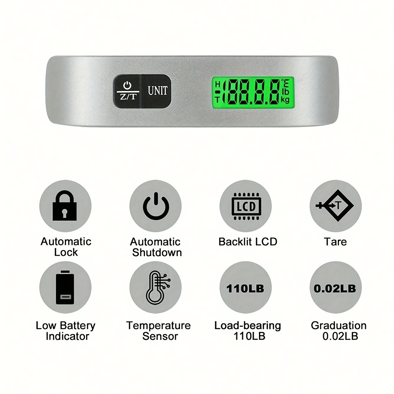 digital luggage scale 110lb   with backlight lcd metal handheld portable hanging baggage weight scale dry battery powered with 1pc button battery included   function not for food contact details 6