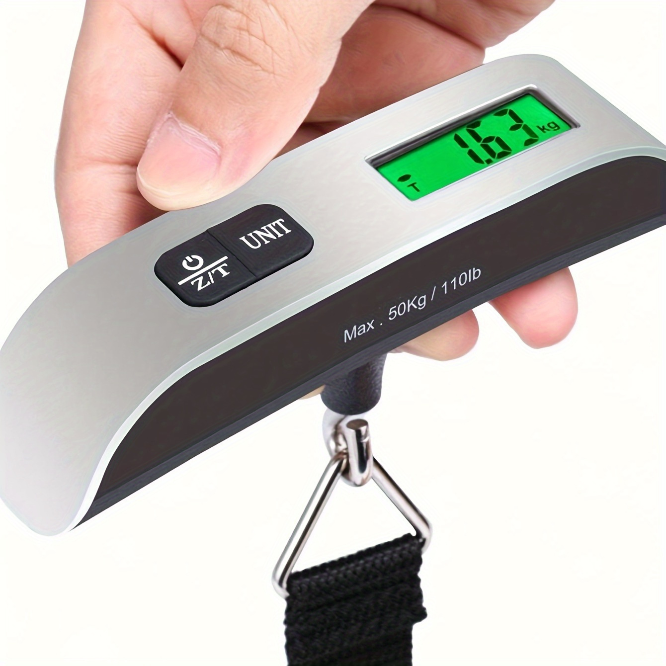 digital luggage scale 110lb   with backlight lcd metal handheld portable hanging baggage weight scale dry battery powered with 1pc button battery included   function not for food contact details 8