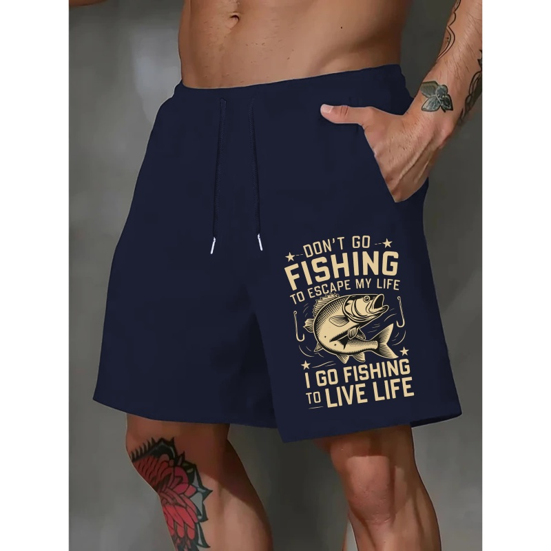 

Men's Casual Fishing Print Drawstring Shorts - Breathable Polyester, Summer