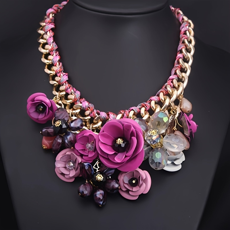 

1 Piece Of Women's Bohemian Retro Style Colorful Floral Gemstone Necklace, Rope Woven Collarbone Chain, Women's Fashion Accessory