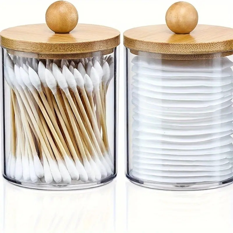 

2 Pcs Acrylic Circular Transparent Storage Jars With Wooden Lids - Perfect For Cotton Swabs, Cotton Puffs, And Small Items - Home Storage & Organization