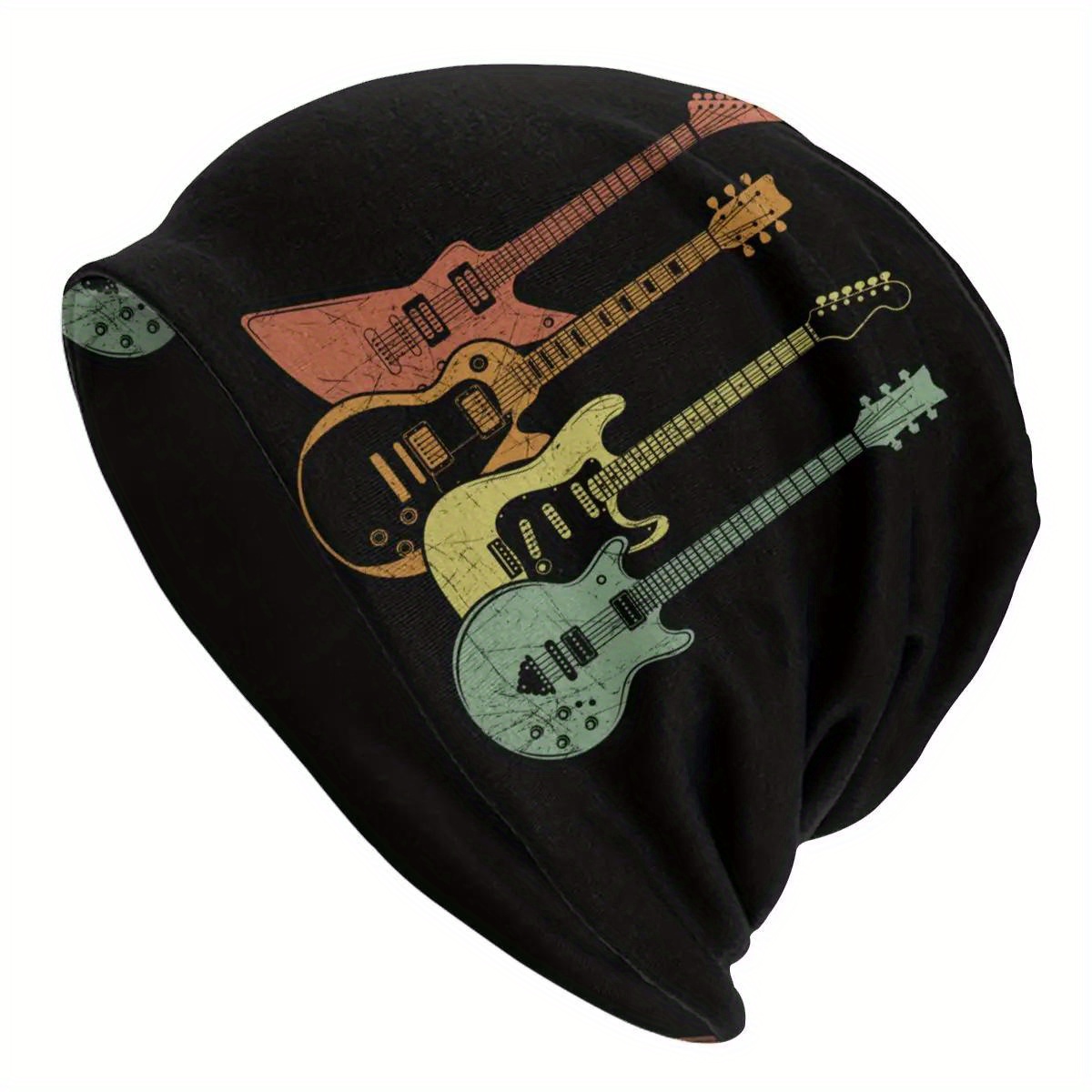 

Vintage Guitar Design Beanie Hat For Men - Relaxed Style, Polyester And Spandex Blend