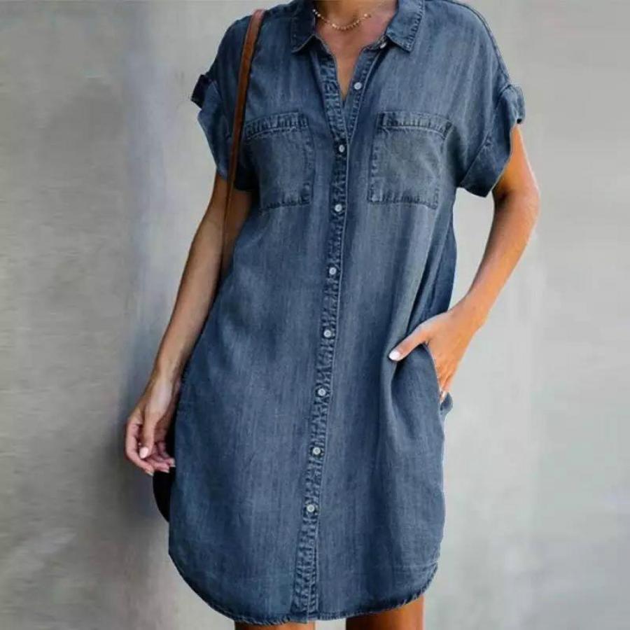 

Chic Summer Denim Dress For Women - Casual Short Sleeve With Lapel Collar, Solid Color, Button-, /m/l/xl