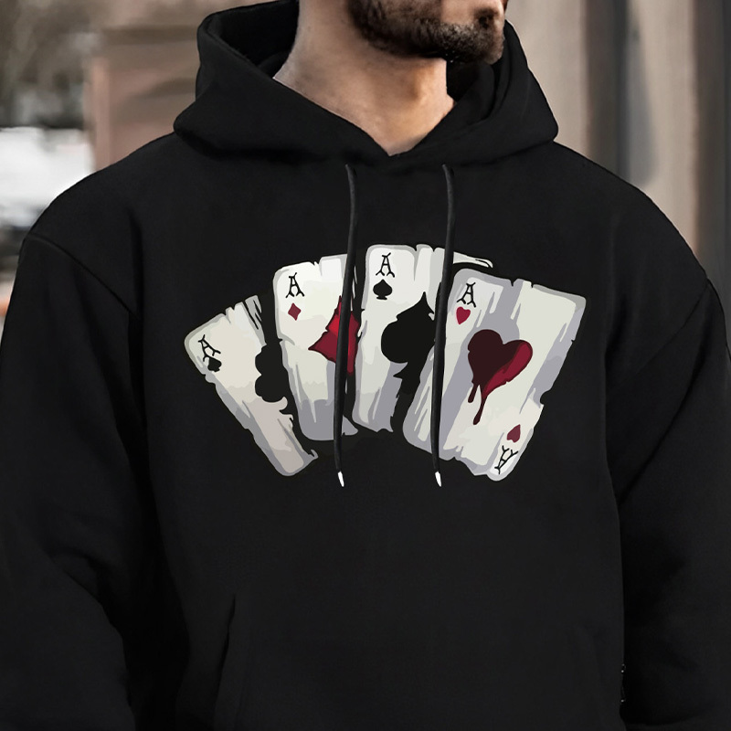 

Men's Casual Fashion Hooded Sweatshirt With Aces Playing Cards Print - Knit Polyester Fabric, Regular Fit, Cute Style, Hooded Collar, Slight Stretch, Geometric Pattern, Long Sleeve Pullover