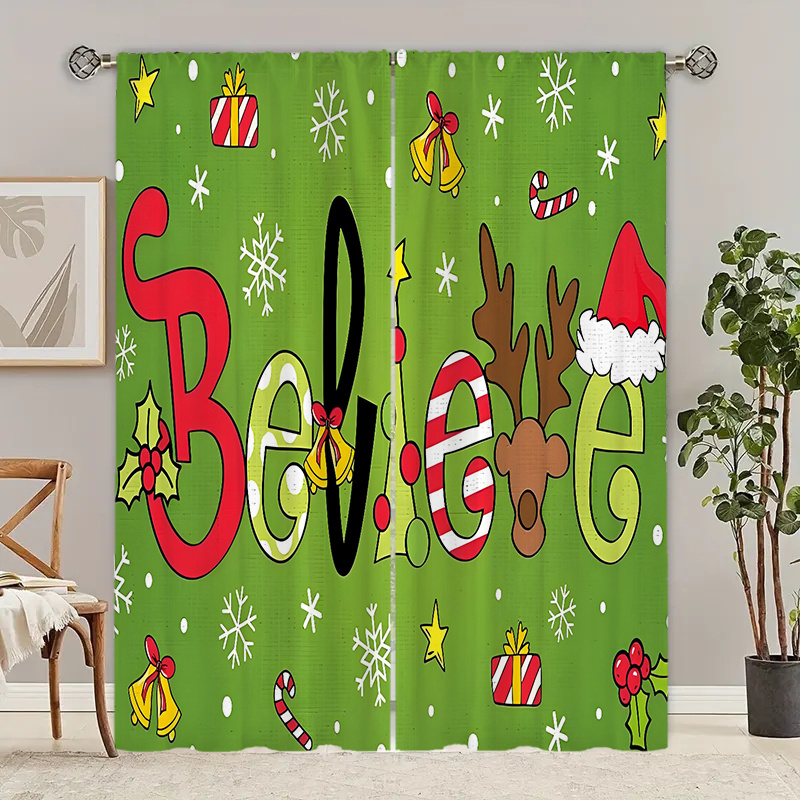 

2 Pieces Festive Christmas Curtains: Polyester Fiber, Fun Letter Patterns, Suitable For Living Room And Bedroom Decorations