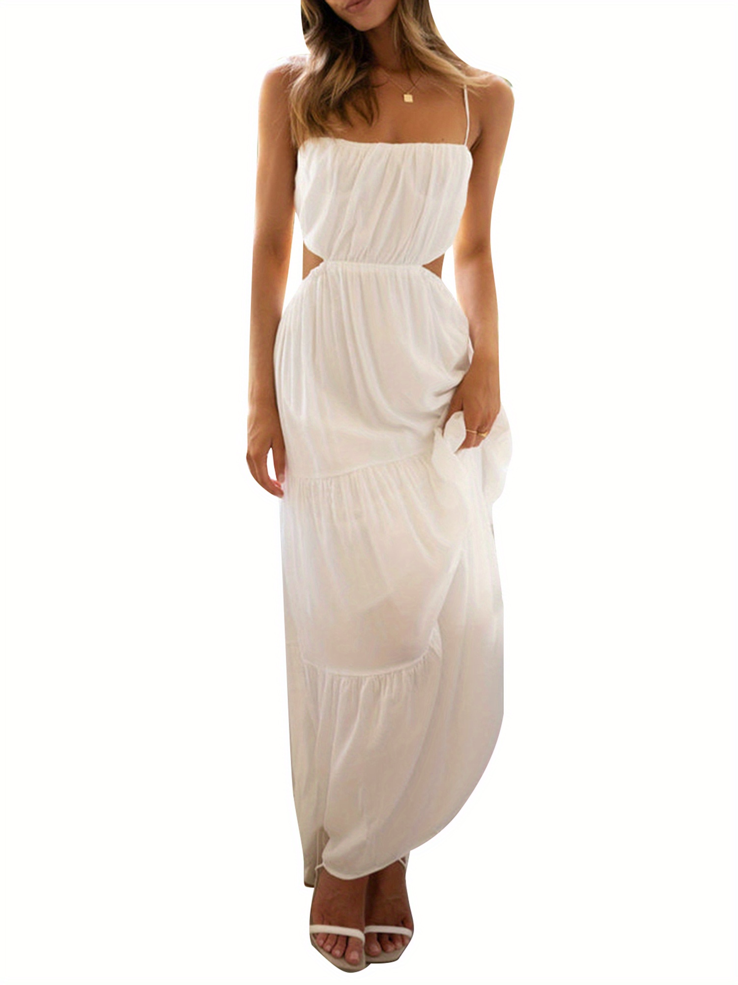 women's summer cami dress solid color spaghetti strap waist cutout open  back long dress | Shop On Temu And Start Saving | Temu