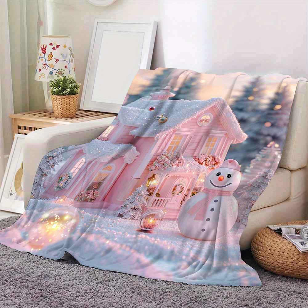 

Cozy Pink Christmas Cabin Flannel Throw Blanket - Double-sided, Soft & Warm For Couch, Bed, Office, And Travel - Machine Washable