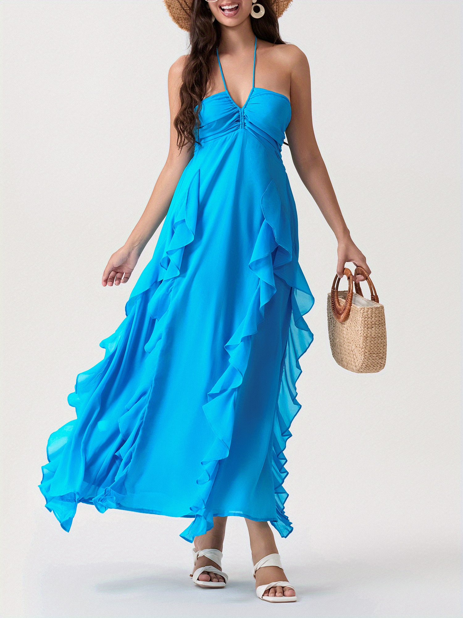 womens halter long dress sleeveless ruffle trim ruched - Temu