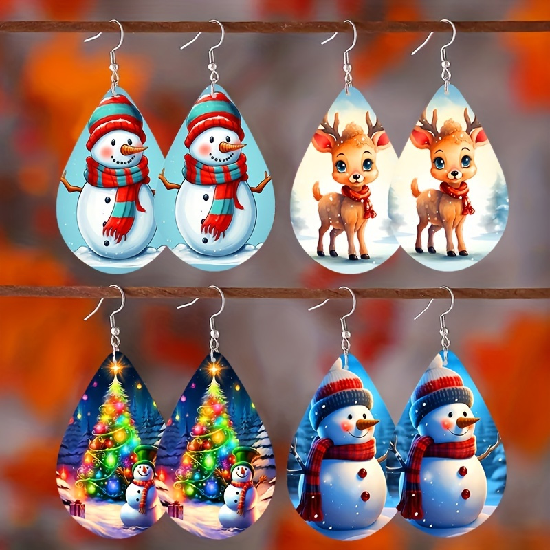 

4pairs Christmas Series Cute Elk Snowman Wooden Water Drops Earrings, New Year Gifts Christmas Gifts