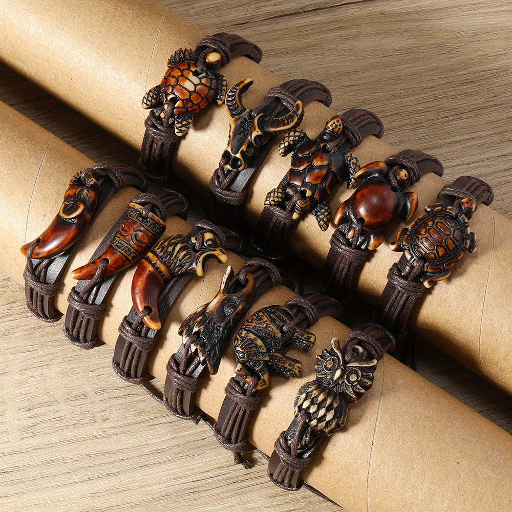 

11pcs Handmade Punk Bracelets Set, Vintage Pu Leather Wristband For Couple, Adjustable Leather Turtle Cow Pendant Bracelets, Ideal Jewelry Gifts For Him Men Boys