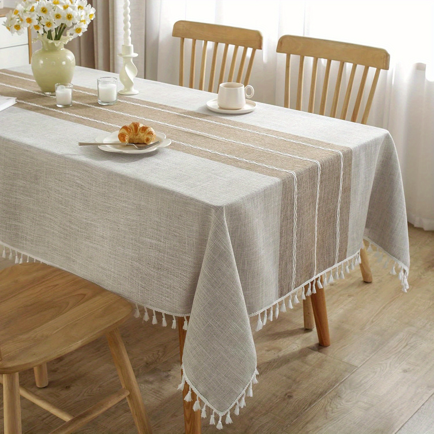 

[popular ] 1pc Chic Waterproof Linen- Tablecloth, Wrinkle-free With Elegant Tassels, Soft Polyester, Brown Striped Design, 55" X 70", Ideal For 4-6 Seat Rectangle Dining Tables, Waterproof Tablecloth