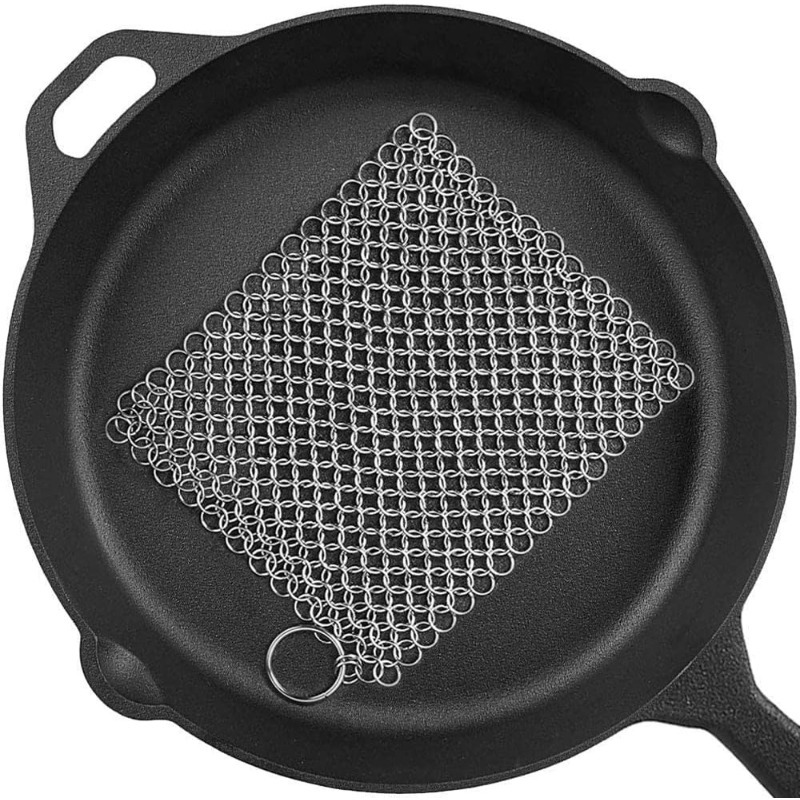 

8" X 6" Stainless Steel Brush For Cast Iron Pans - 316l Material, Hanging Ring, Commercial Kitchen Cleaning Tool