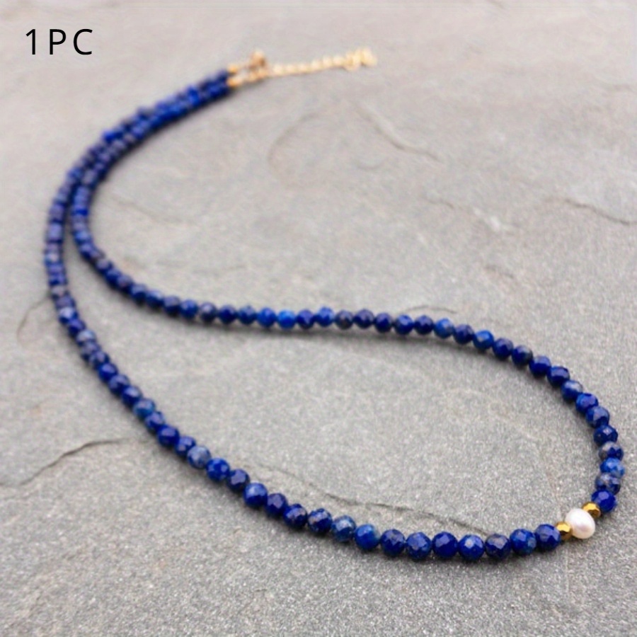 TEMU Elegant Women's Lapis Necklace - Premium And White Beaded Chain With Antique ,