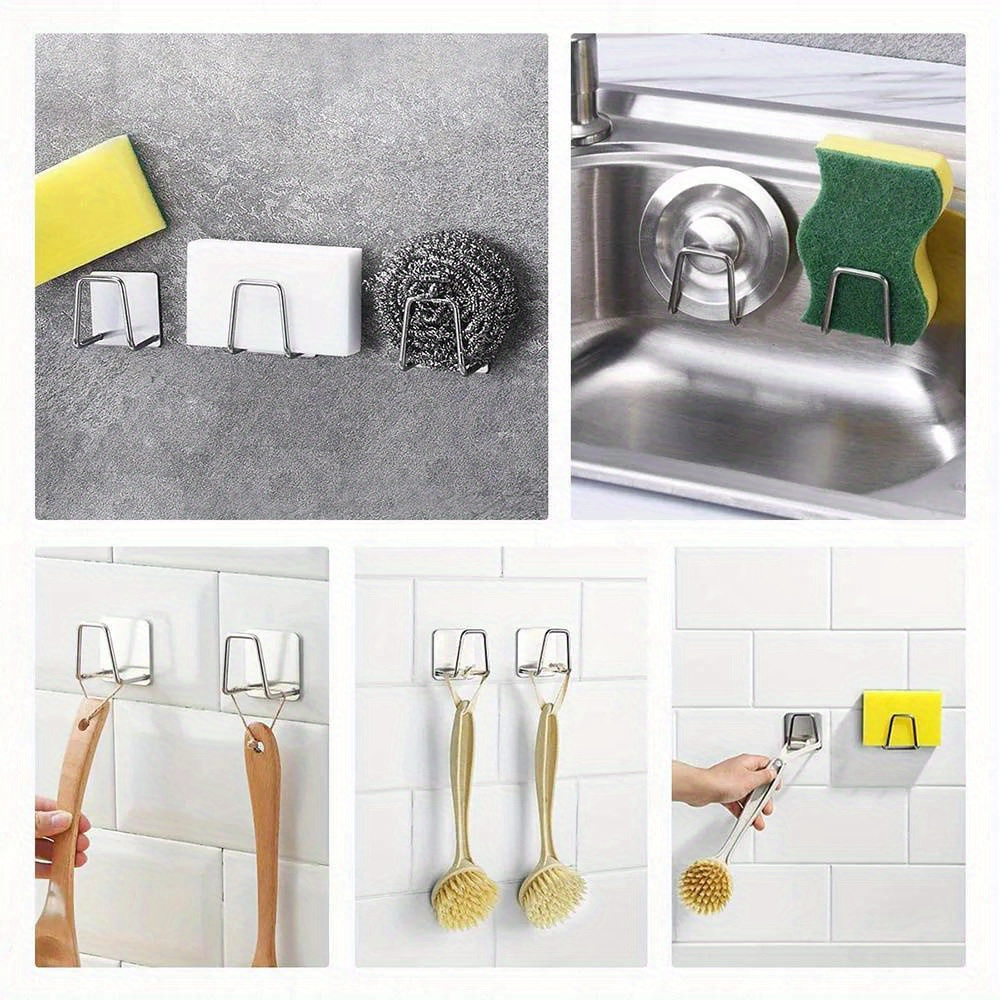 4pcs stainless steel storage shelf kitchen sink drain drying rack shelf bathroom sponge holder cleaning sponge rack hooks accessories tools details 2