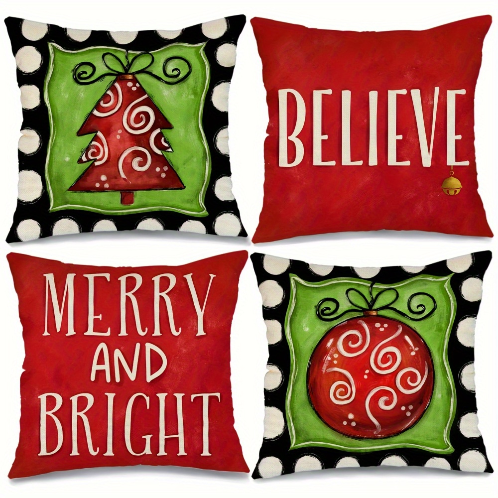 

4 Piece Christmas Pillow Covers - Decorative Linen Cover For Living Room, Bedroom, Sofa, Couch - Printed On , Unlined, 18x18 Inches, Home Decor, Room Decor, Party Decor