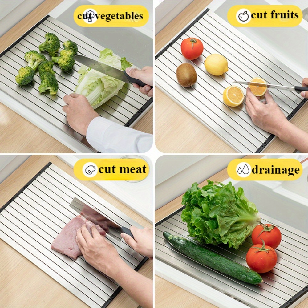 1pc foldable 304 stainless steel cutting board with drain rack   anti mold anti slip double sided for food prep defrosting ideal for kitchen use   holiday   foldable design   cutting board details 0