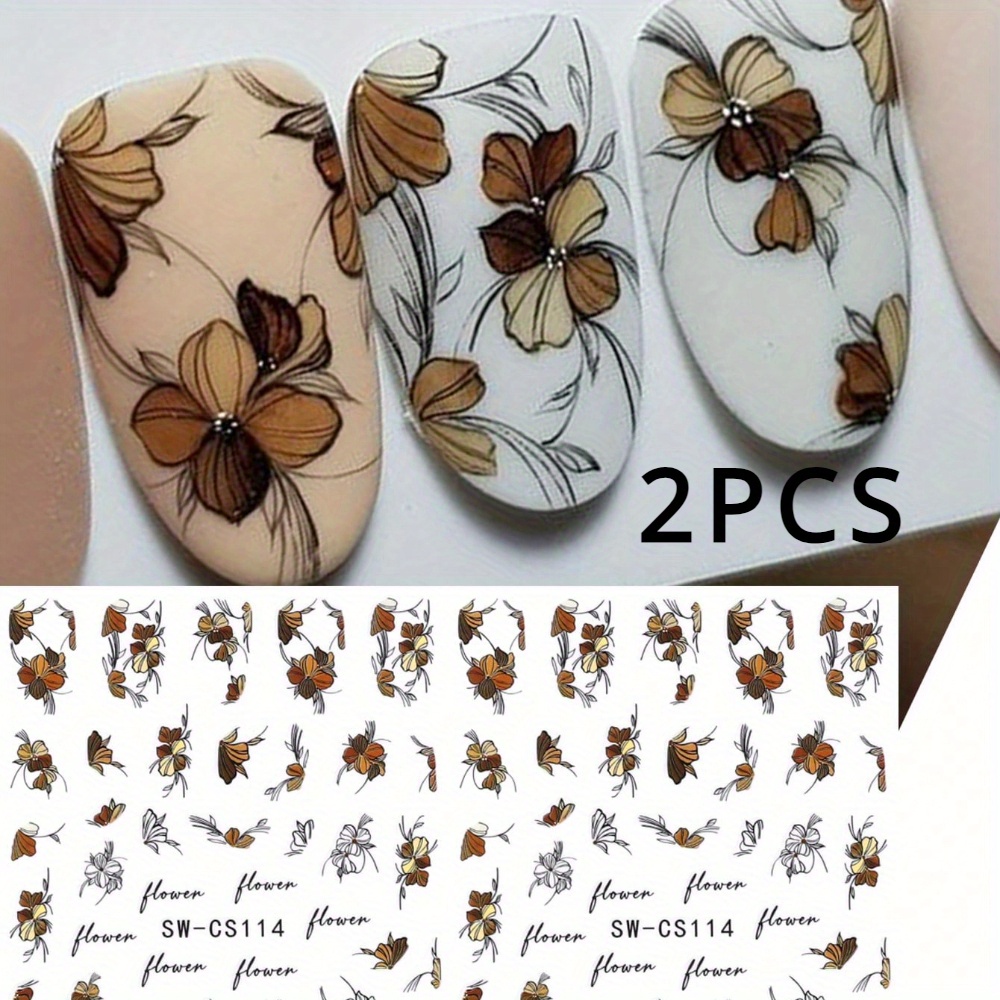 Image of 2pcs Autumn Floral Nail Art Stickers - Elegant Fall Flower Designs, Self-adhesive Decals For Diy Manicure & Pedicure, Sparkle Finish, Perfect Gift For
