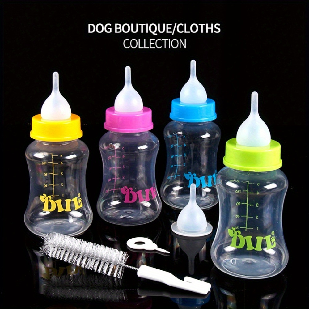 

4pcs Pet Nursing Bottle Set For Kittens & Puppies - 150ml Synthetic Rubber Feeding Bottles With Cleaning Brush, Assorted Colors