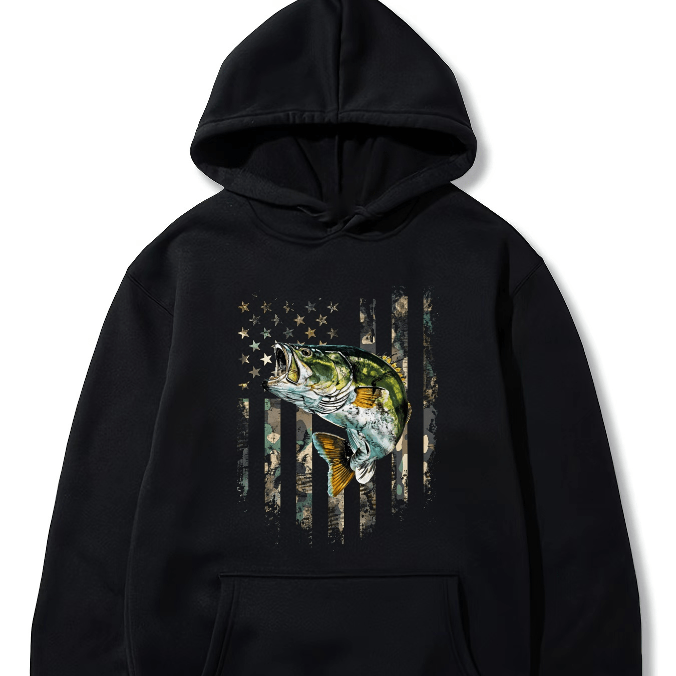 

American Flag (print On The Back) Camo Bass Fish Fishing Hooded Sweatshirt, Trendy And Stylish Long Sleeve Hooded Sweatshirt