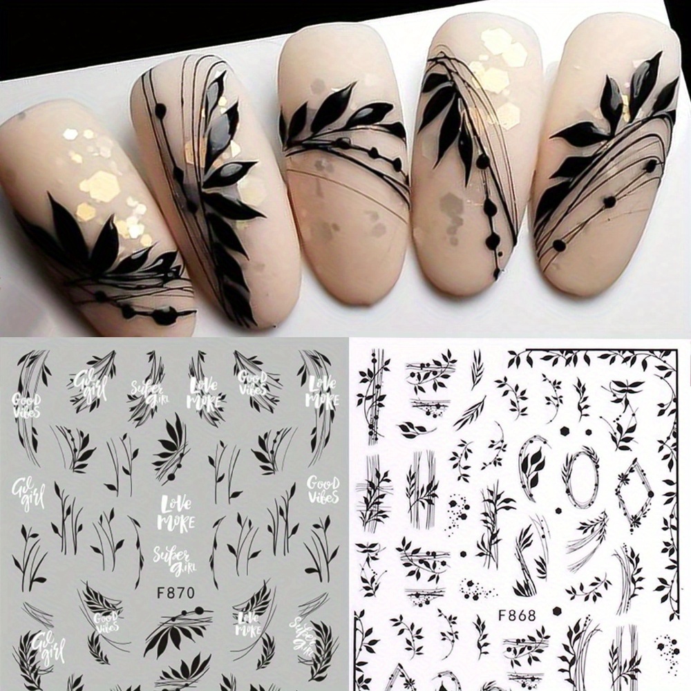 

Glossy Leaf Pattern Nail Art , 2pcs Set, Plant Theme 3d Nail Decoration, Self-adhesive, Glitter Embellished, Plastic, Single Use, For Diy Manicure - Geometric Abstract Line Leaves Design