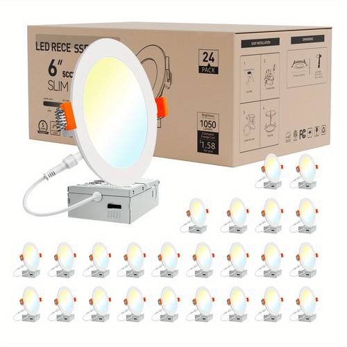 paquete de 96/72/48/24/12/6 lámparas led de techo empotradas extra finas de 6 pulgadas con de junctión, 2700k/3000k/3500k/4000k/5000k , 1050lm de , downlight de wafer sin ranura regulable, 12w-etl