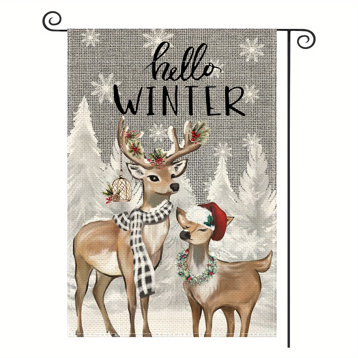 

Linen Winter Garden Flag - 1 Pack 12x18 Inch Double-sided Hello Winter Reindeer Decorative Yard Flag, Seasonal Outdoor Banner With Design, No Electricity Needed