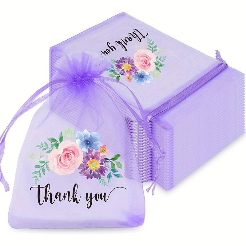 

50-pack Floral Thank You Organza Drawstring Bags For Wedding, Bridal & Baby Showers, Christmas, , Easter - Purple Gift Pouches For Candy, Snacks, Jewelry Packaging, 4x6 Inch With Ribbon