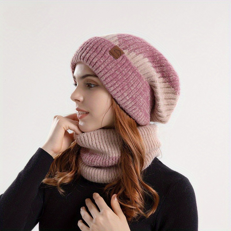 

Winter Hats And Scarves, Women's Fashion Ear Cap Plush Lining Neck Warm Scarf Set