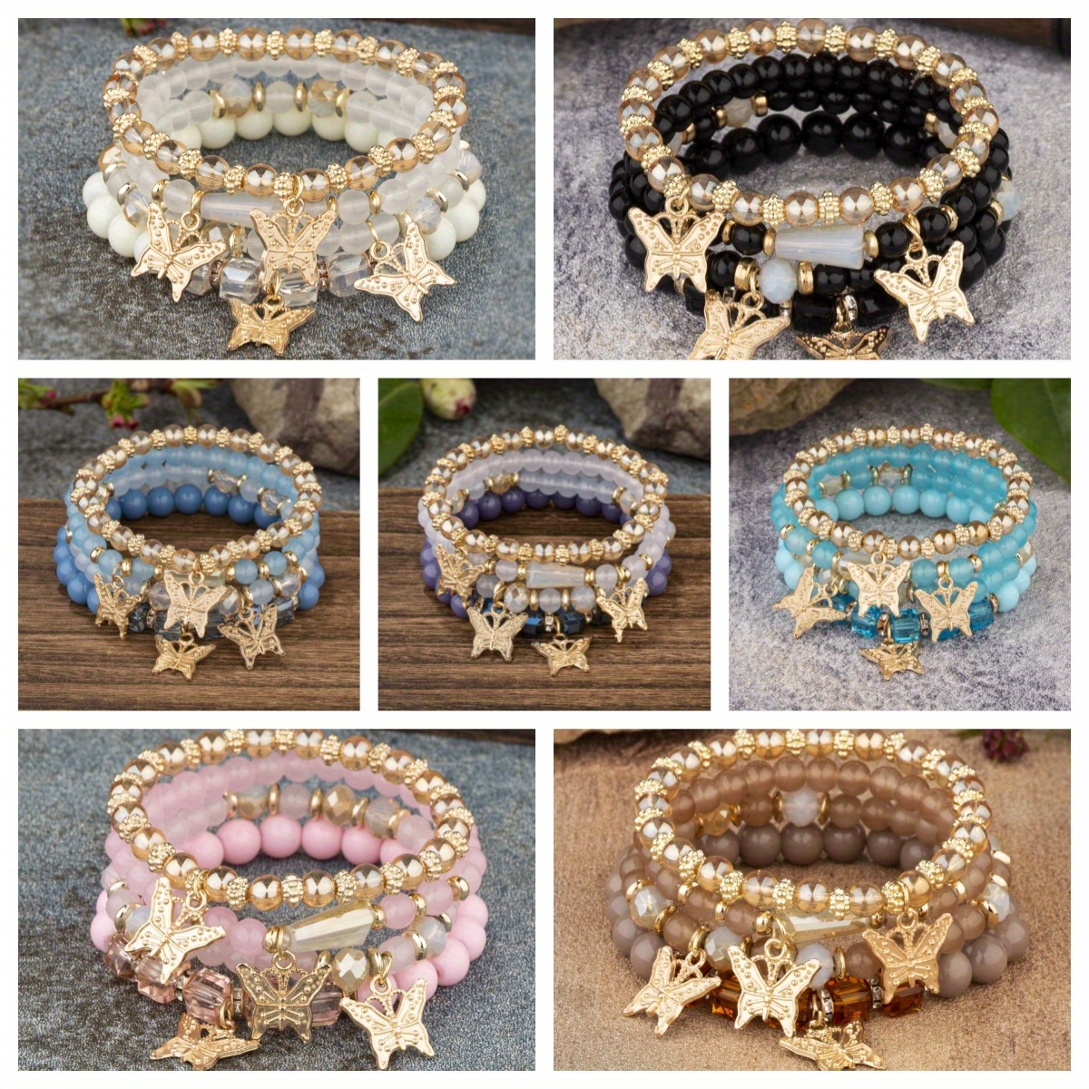 TEMU 7sets (total 28pcs) Bohemian Stretch Beaded Bracelet Set Pendant Bracelet Couple Bracelet Handcrafted Elastic Stackable Bangle Jewelry Set