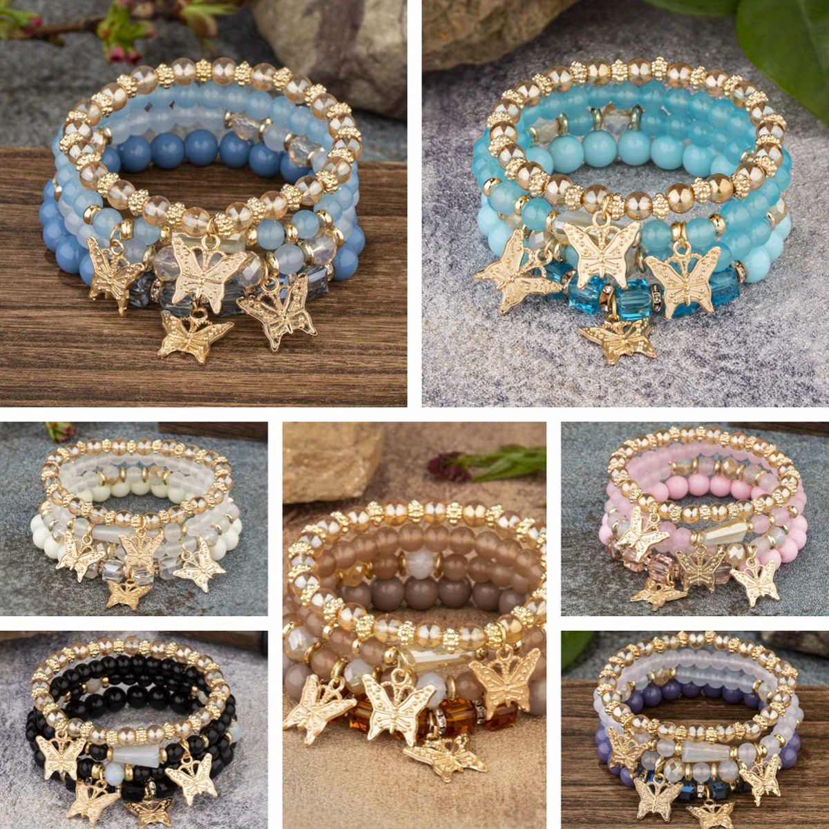 

7sets Bohemian Stackable Bead Bracelets For Women Stretch Bohemian Style Stretch Multilayered With Pendant Set