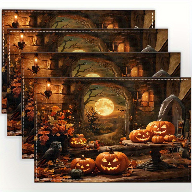 

Set Of 4 Place Mats - Woven Polyester, Pumpkin & Haunted Castle Design, Hand Washable, Heat-resistant Table Mats For Spooky Dining Decor