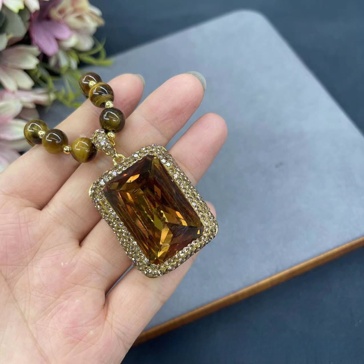 elegant luxury tiger eye stone pendant necklace with 14k golden plating and synthetic crystal accents versatile for daily and banquet occasions   details 0