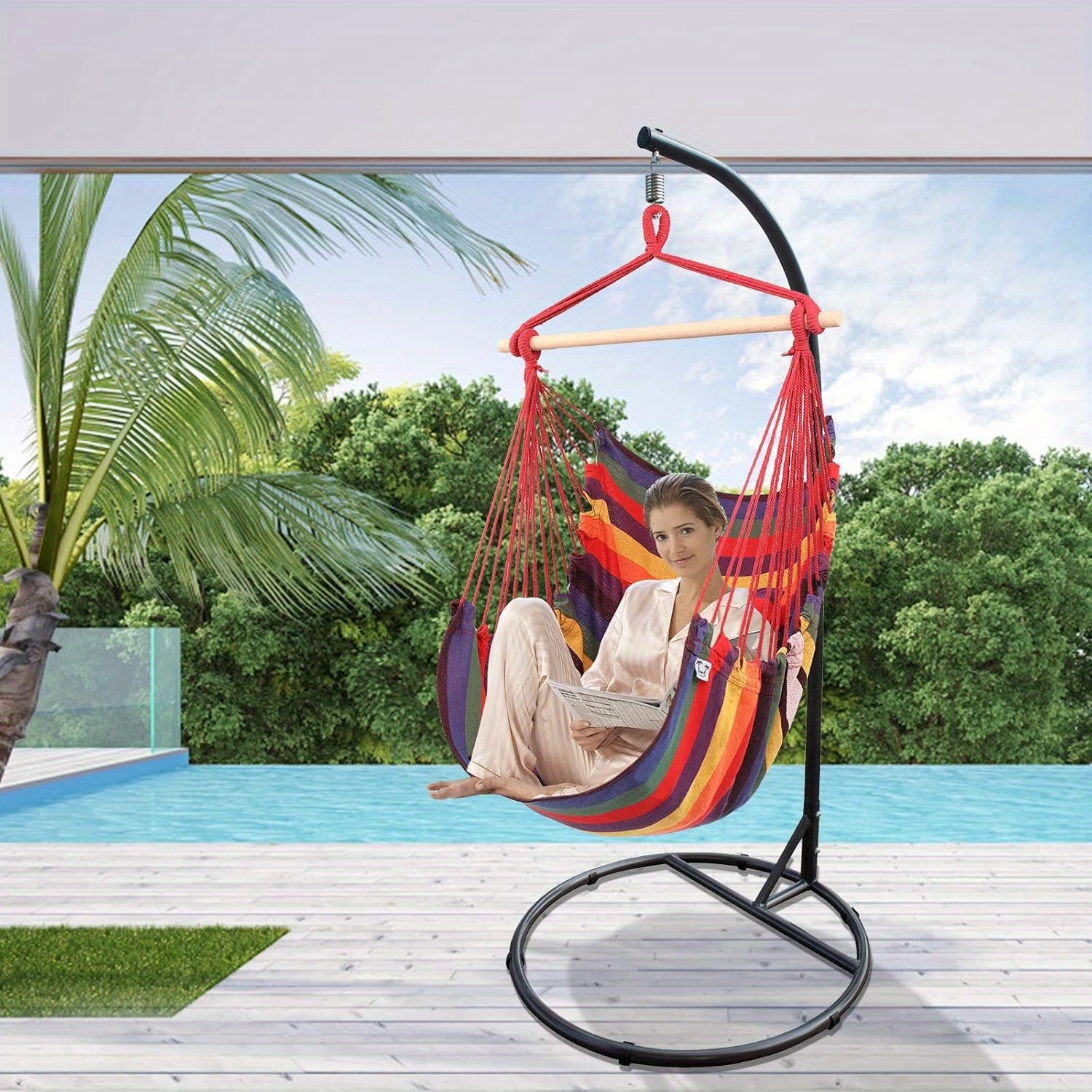 hanging rope hammock chair swing seat for yard patio porch christmas gift valentines day gifts thanksgiving gifts outdoor bean bag chair lazy sofa without headrest and stick rainbow best for christmas   thanksgiving