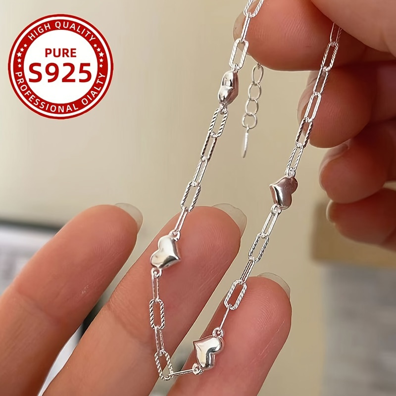 TEMU Heart Chain Design Bracelet 925 Sterling Silver Hypoallergenic Jewelry Elegant Style For Women Adjustable Hand Chain