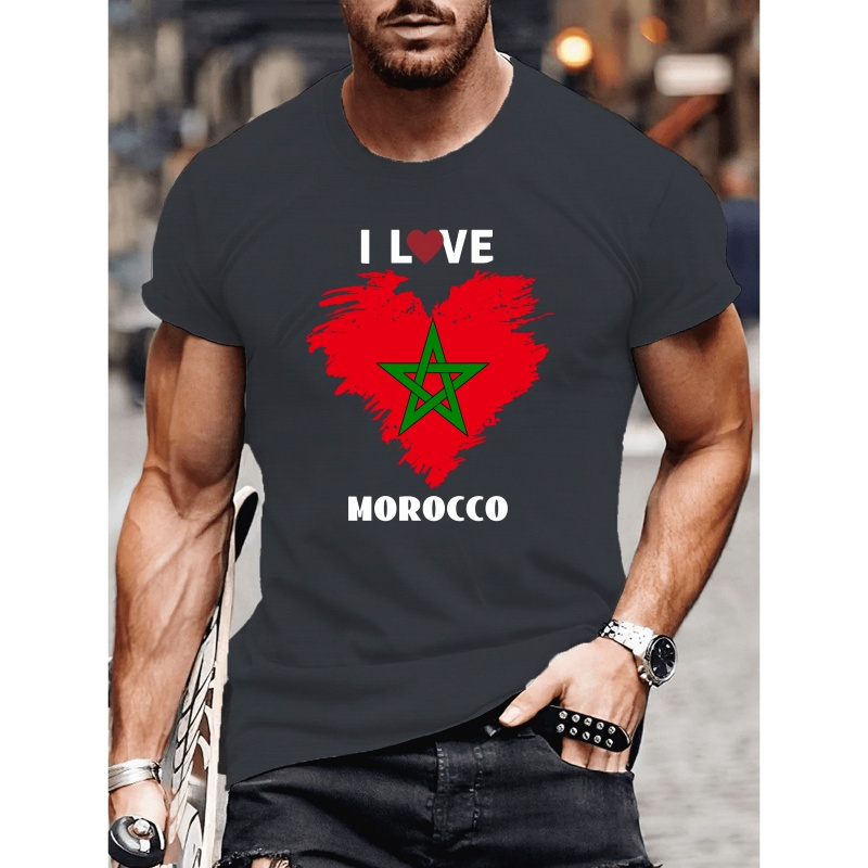 

Moroccan Flag Print T-shirt For Men: Casual Short Sleeve Tee For Summer - Geometric Pattern, Polyester Fabric, Adult Size