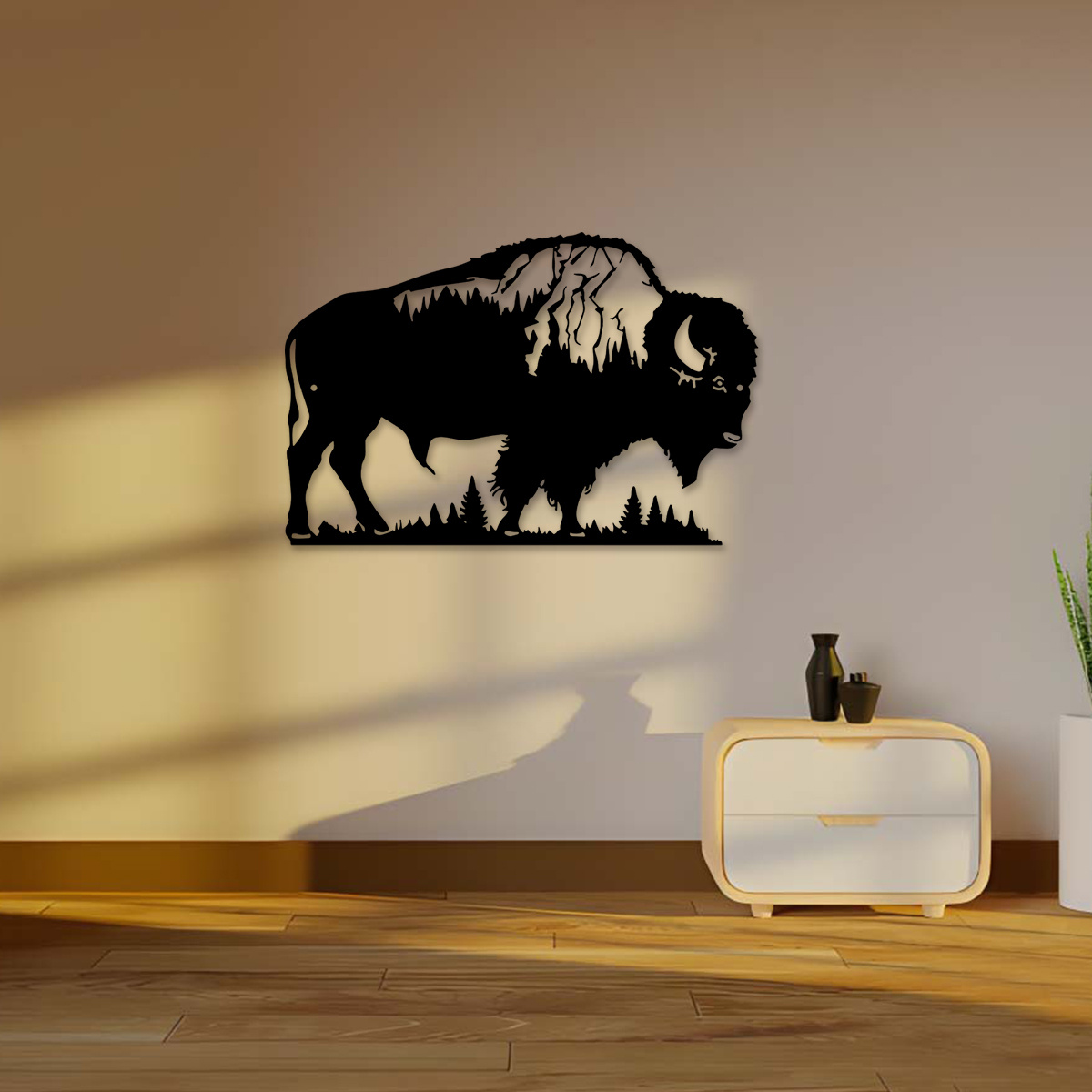 

Rustic Metal Buffalo & Trees - " Outdoor Garden , Patio, Balcony, And Living Room Decor