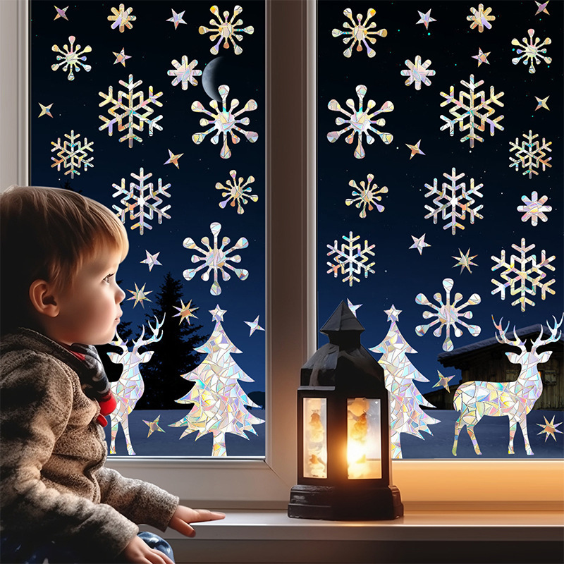 

50pcs Christmas Window Clings Set - Colorful Snowflake & Reindeer Designs, Anti-collision Static Glass Decals For Festive Home Decor