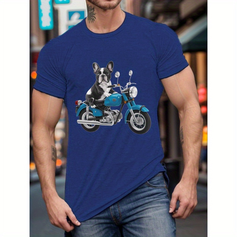 

Men's French Bulldog Motorcycle Graphic Tee - Casual Short Sleeve, Breathable Polyester, Machine Washable - Summer