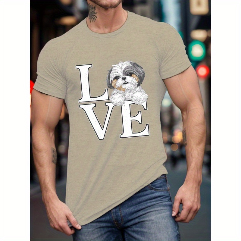 

1pc T-shirt décontracté d'été pour homme avec imprimé Shih Tzu LOVE, tissu en de polyester, col rond, manches courtes, coupe standard - T-shirt à motif géométrique pour adultes