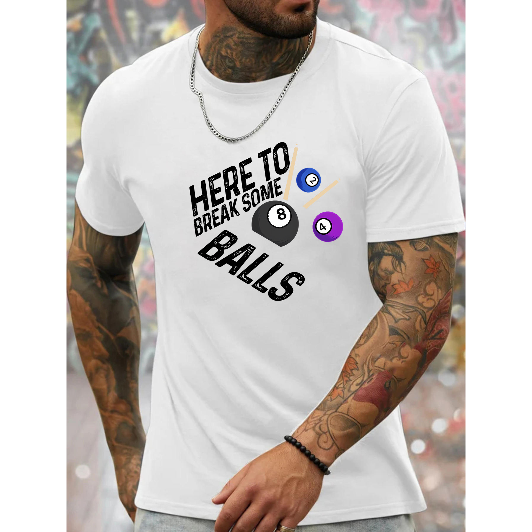 

Men's Summer Crew Neck T-shirt Casual Short Sleeve Fashion Printed Tee With Billiard Graphic, 100% Polyester, Knit Fabric With Slight Stretch, Regular Fit - "here To Break Some Balls" Design