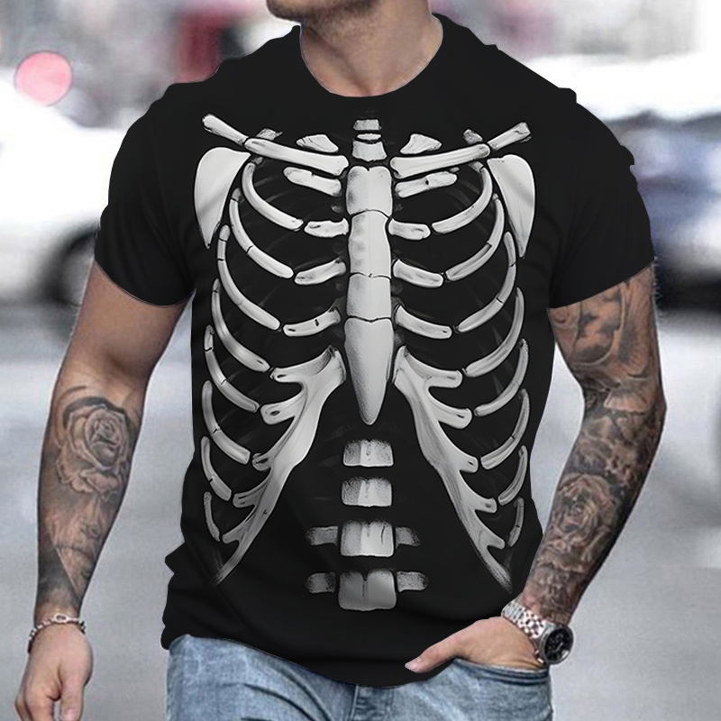 

Skeleton Rib Cage Men's T-shirt - Crew Neck, 100% Polyester Knit Fabric, Regular Fit, Sports Style, Summer Wear With Slight Stretch And Jumbo Print Pattern