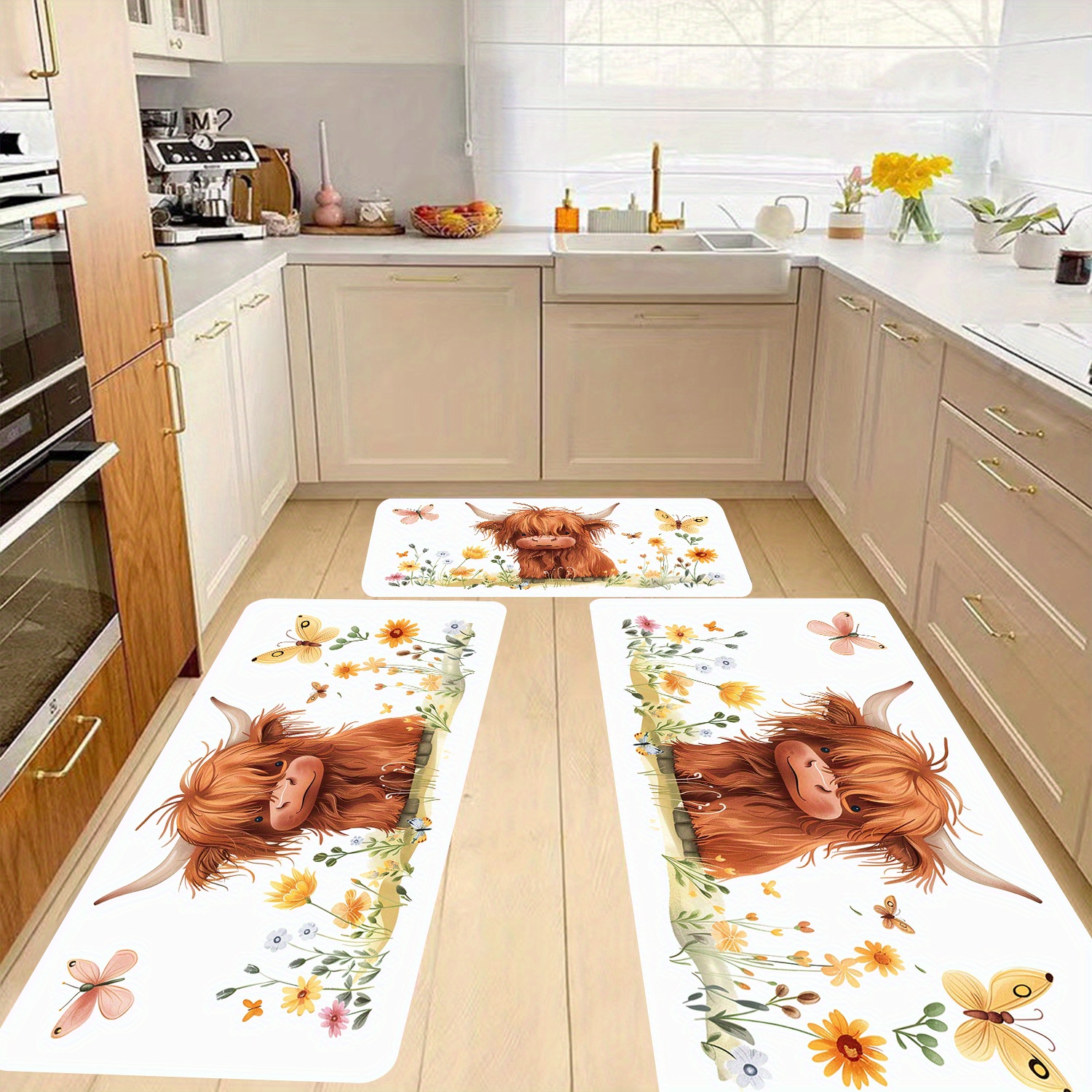 

3-piece Set Highland Cow Floral Kitchen Area Rugs, Indoor Bedroom Smooth Polyester Mats, Anti-slip Water Absorbent, Machine Washable, Decorative Floor Carpets For Living Room Entrance