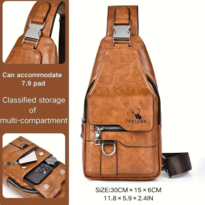 Image of New Pu Vintage Casual Men's Chest Bag Crossbody Large Capacity Multi-compartment Women's Shoulder Bag