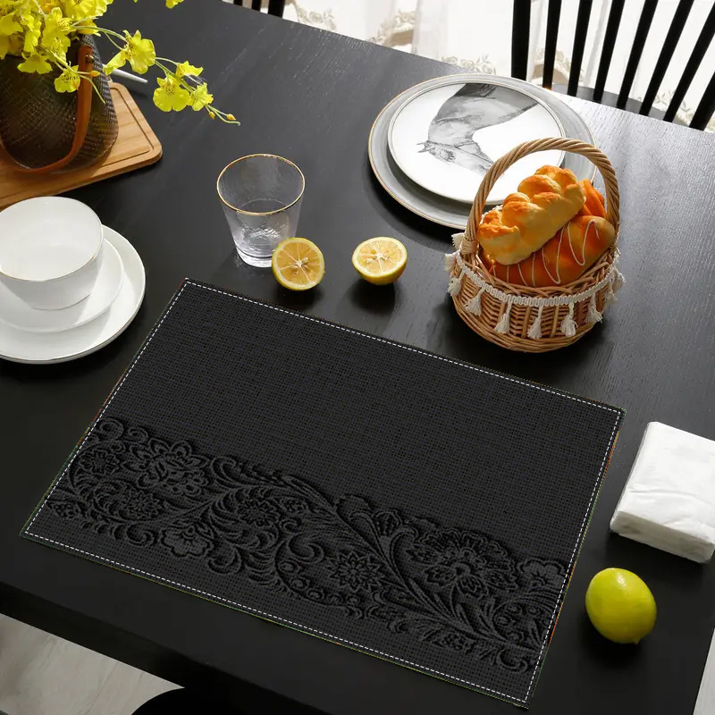 

Contemporary Black Floral Placemats (2/4/6pcs) - , Heat-resistant Polyester Dining Mats For Kitchen Decor Enhancement, Hand Wash Only