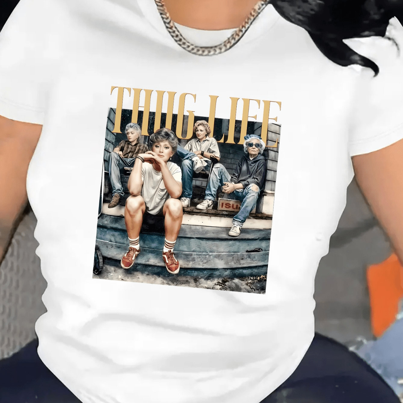 

Cartoon Portrait & Letter Print Comfy T-shirt, Round Neck Short Sleeve Sports Tee, Women's Activewear