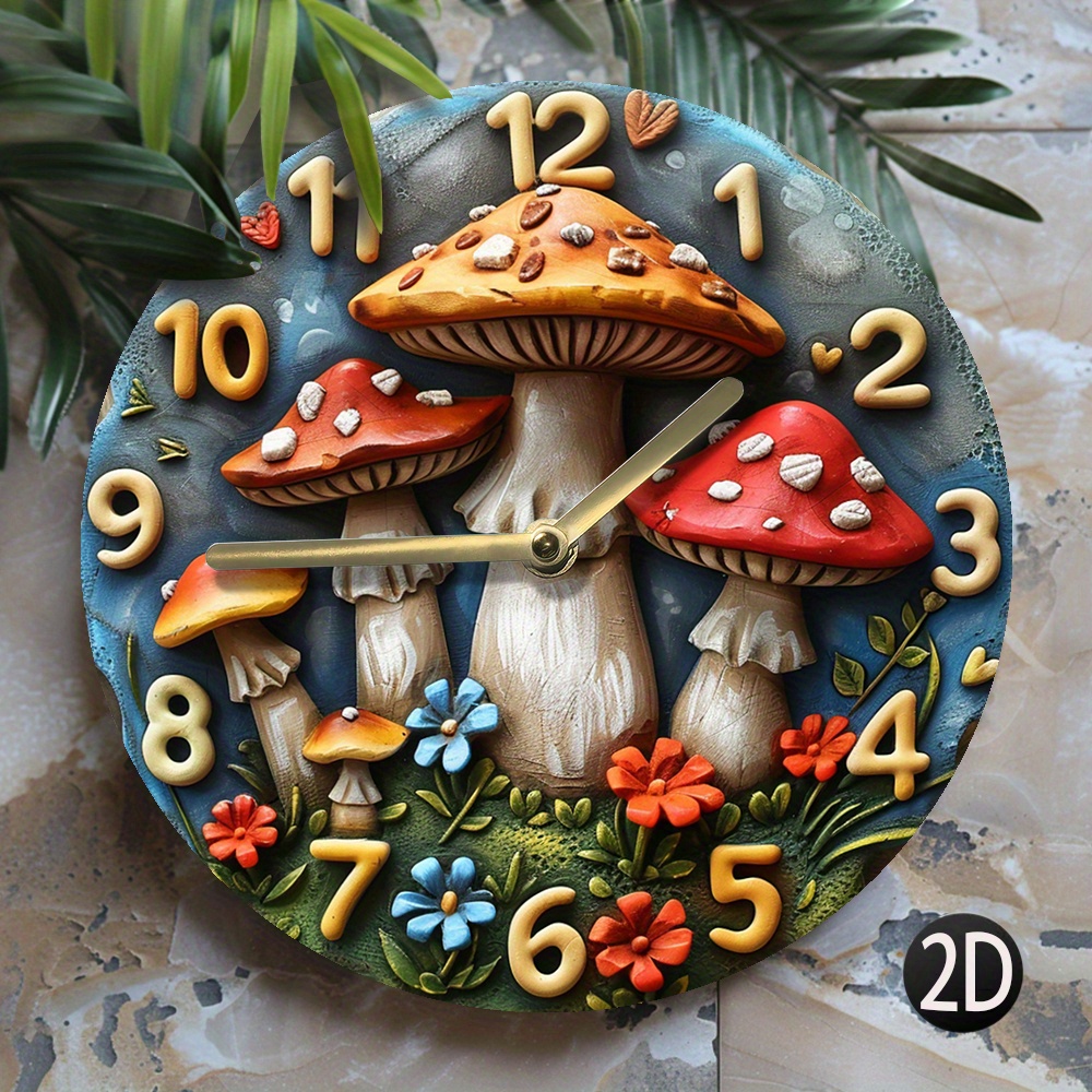 

1pc Wooden Fiber Board Wall Clock, Silent Quartz Movement, 8-inch Mushroom And Floral Design, Decorative Clock For Living Room, Kitchen, Dorm - Aa Battery Operated (battery Not Included)