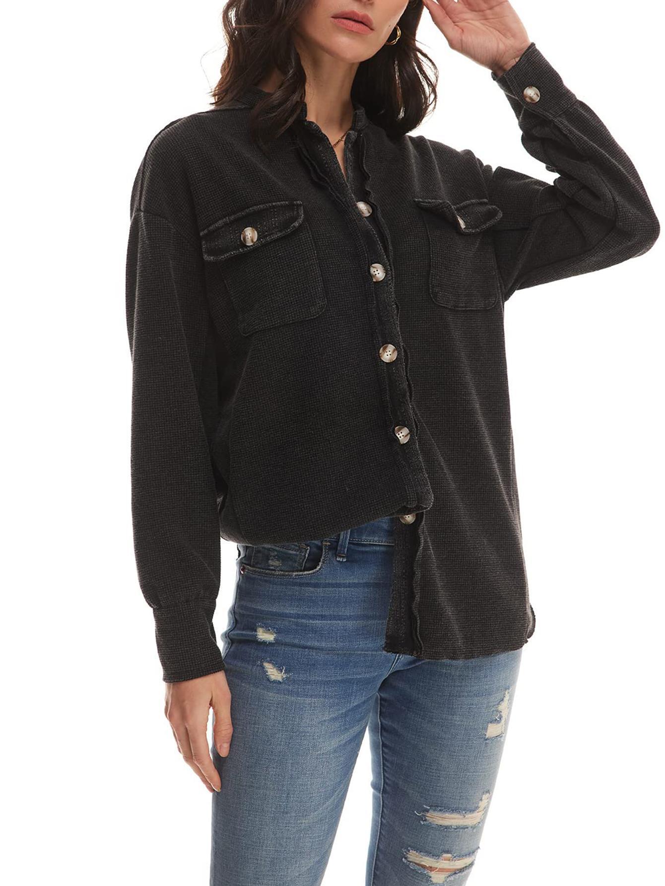 corduroy button front shacket jacket casual solid color long Temu