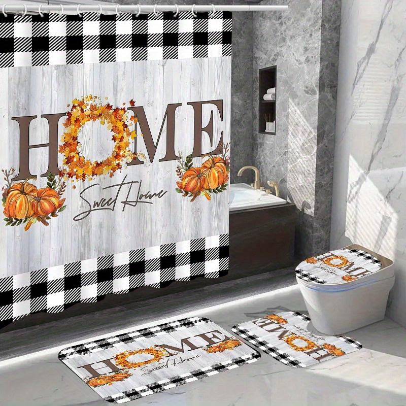 

Autumn Pumpkin Home Decor Waterproof Shower Curtain Set With 12 Hooks, Toilet Seat Cover, And Non-slip Bathroom Mat - Polyester Fabric, Washable, And Suitable For Windows And Bathrooms