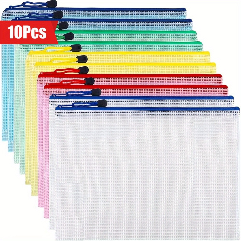 

10pcs A4 Zippered Mesh Document Bags, Pp Material File Jackets & Pockets For Travel, School, Office Supplies - Multifunctional Organizer Pouches