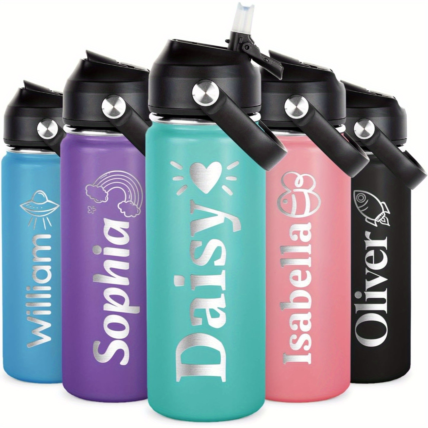 TEMU Custom Engraved 18oz Stainless Steel Water Bottle - Insulated With Lid & Straw, Sports & Outdoor Fun - Choose From 16 Colors & 25 Designs - Ideal Birthday Gift For